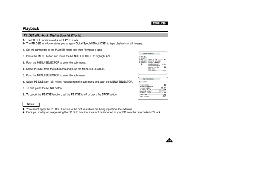 Samsung VP-D200 manual PB DSE Playback Digital Special Effects 