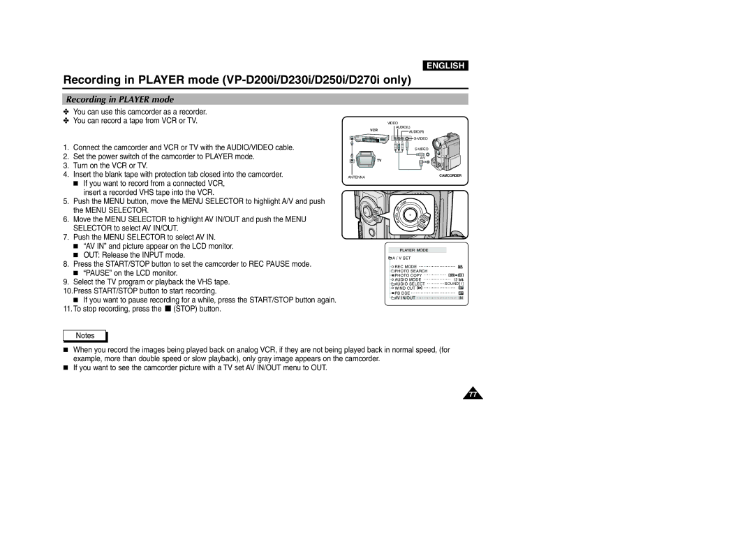 Samsung manual Recording in Player mode VP-D200i/D230i/D250i/D270i only 