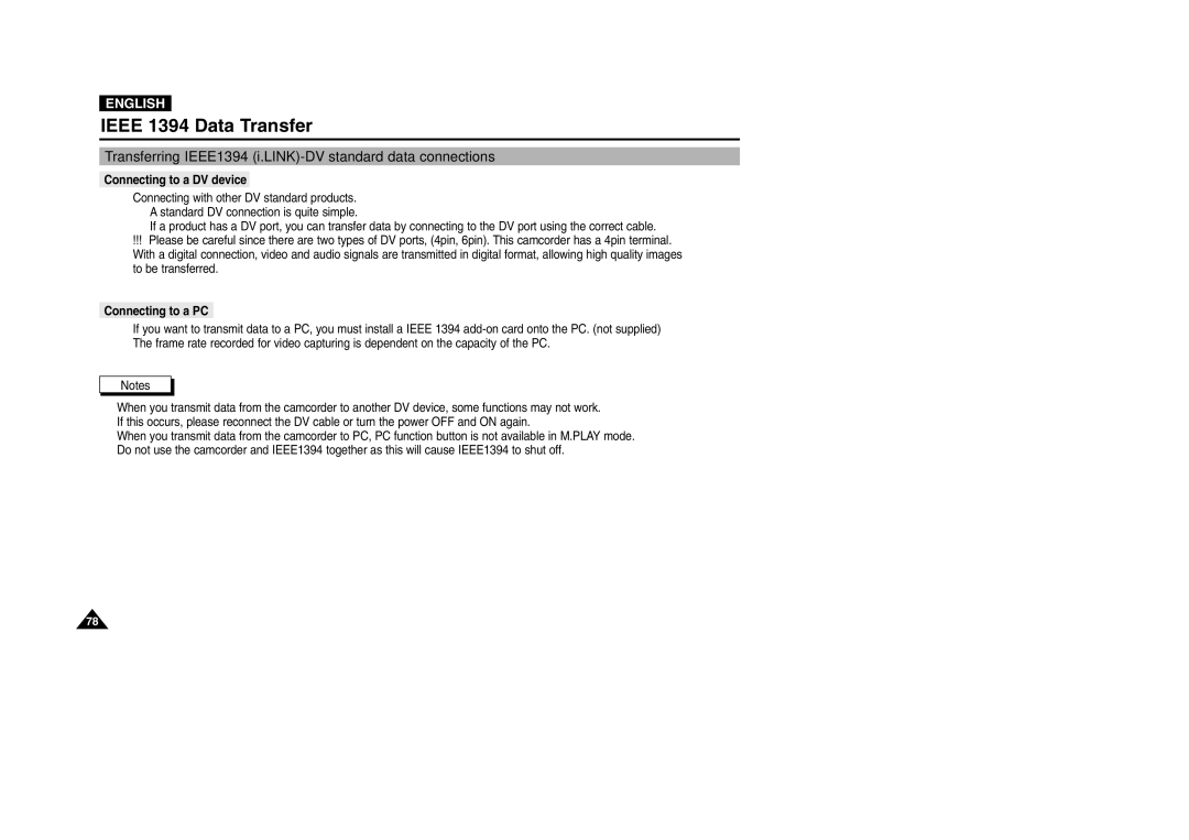 Samsung VP-D200 Ieee 1394 Data Transfer, Transferring IEEE1394 i.LINK-DV standard data connections, Connecting to a PC 