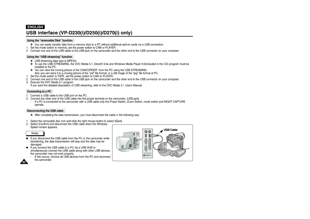 Samsung VP-D200 manual USB Cable, Using the removable Disk function 