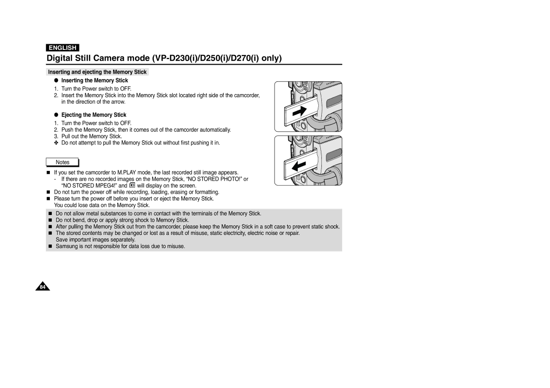 Samsung VP-D200 manual Ejecting the Memory Stick 