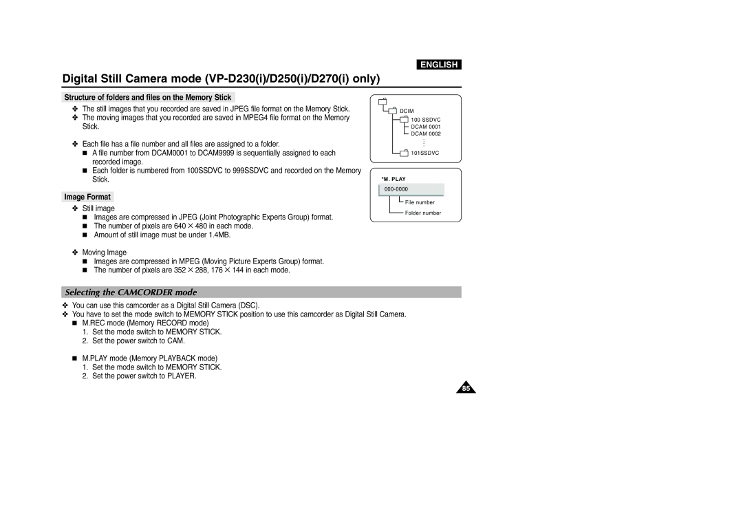 Samsung VP-D200 manual Selecting the Camcorder mode, Structure of folders and files on the Memory Stick, Image Format 