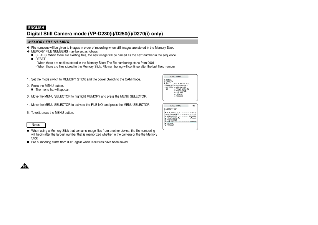 Samsung VP-D200 manual Memory File Number 