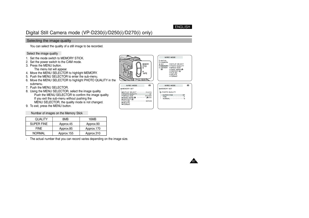 Samsung VP-D200 Selecting the image quality, Select the image quality, Number of images on the Memory Stick, Quality, 16MB 