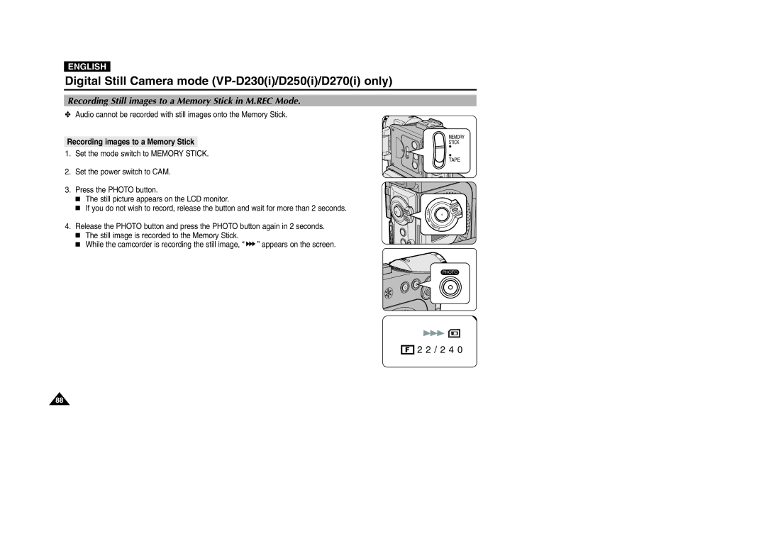 Samsung VP-D200 manual Recording Still images to a Memory Stick in M.REC Mode, Recording images to a Memory Stick 