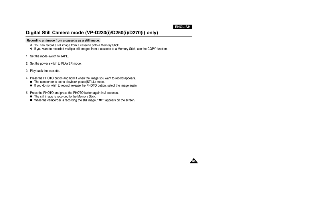 Samsung VP-D200 manual Recording an image from a cassette as a still image 