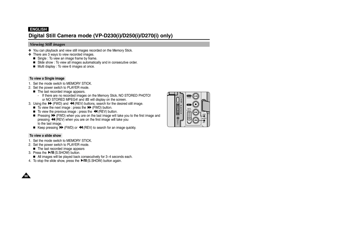 Samsung VP-D200 manual Viewing Still images, To view a Single image, To view a slide show 