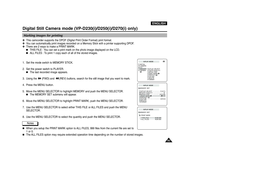 Samsung VP-D200 manual Marking images for printing 