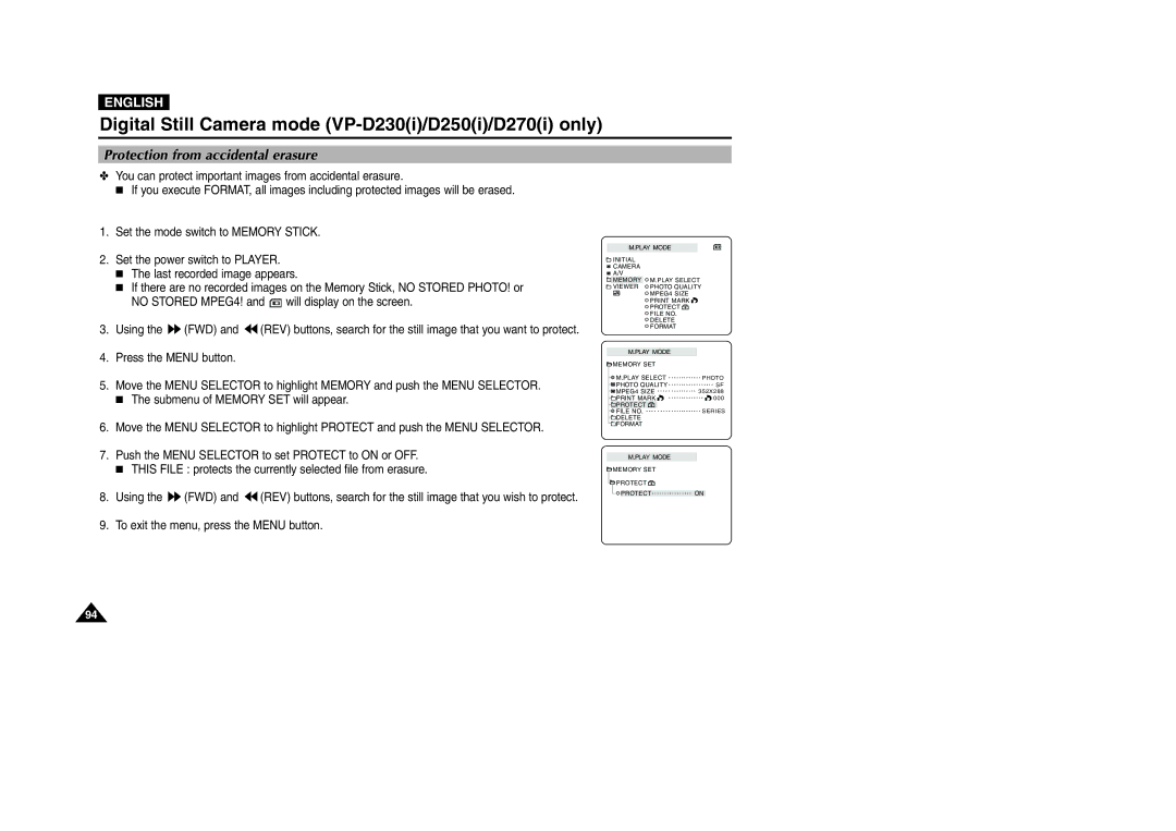 Samsung VP-D200 manual Protection from accidental erasure 