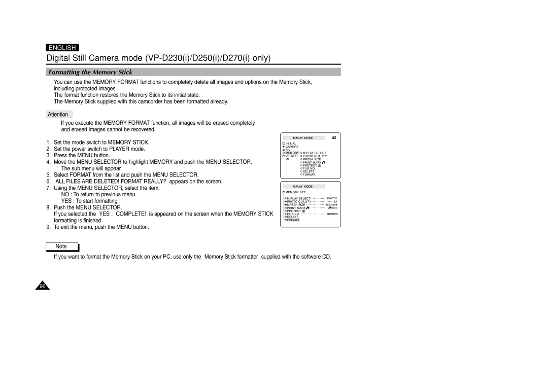 Samsung VP-D200 manual Formatting the Memory Stick 