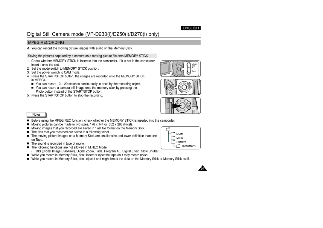 Samsung VP-D200 manual Mpeg Recording 