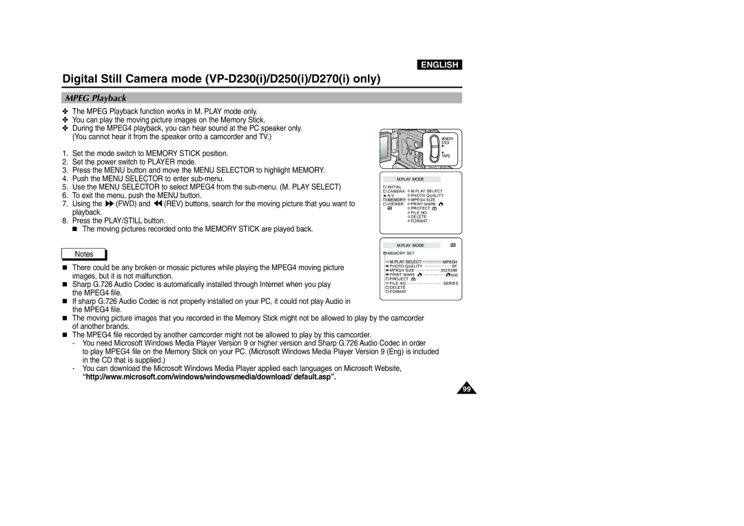 Samsung VP-D200 manual Mpeg Playback 