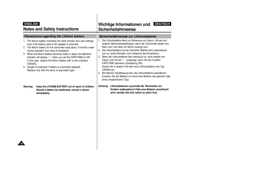 Samsung VP-D200 manual Precautions regarding the Lithium battery, Sicherheitshinweise zur Lithiumbatterie 