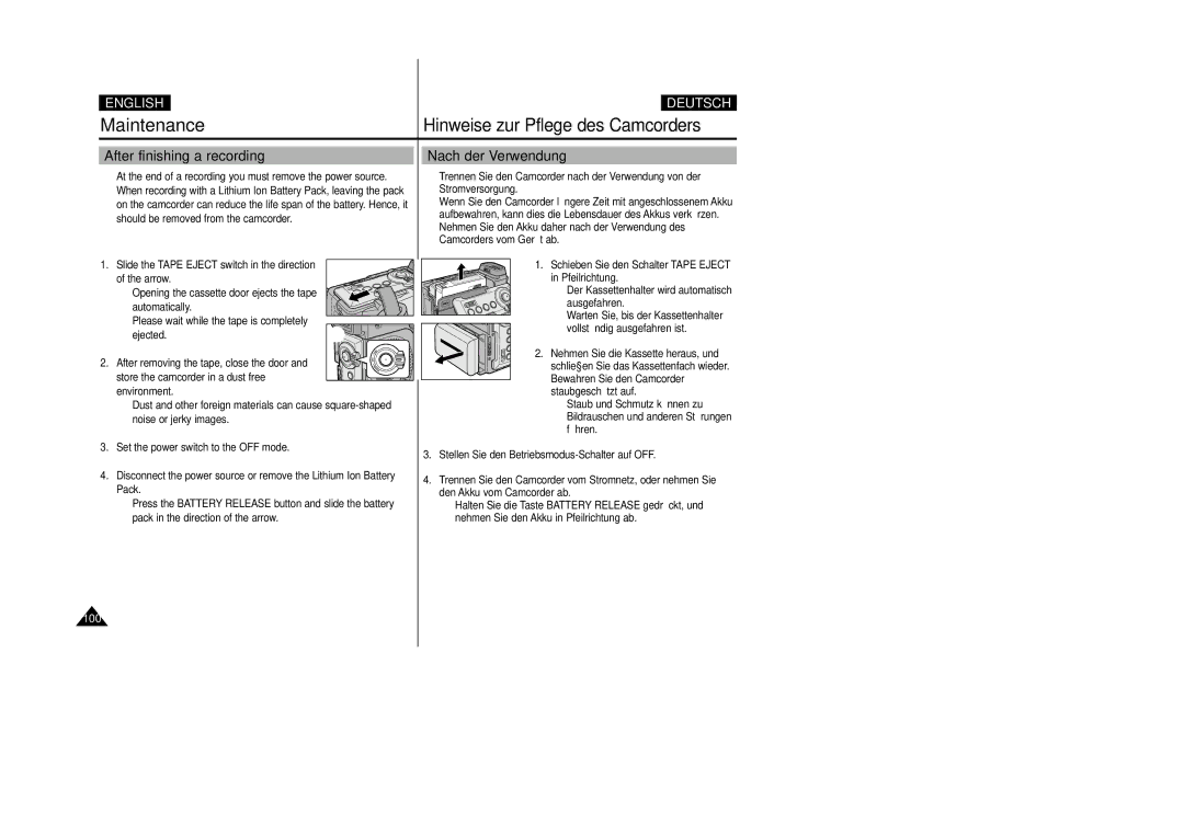 Samsung VP-D200 manual After finishing a recording Nach der Verwendung, Arrow 