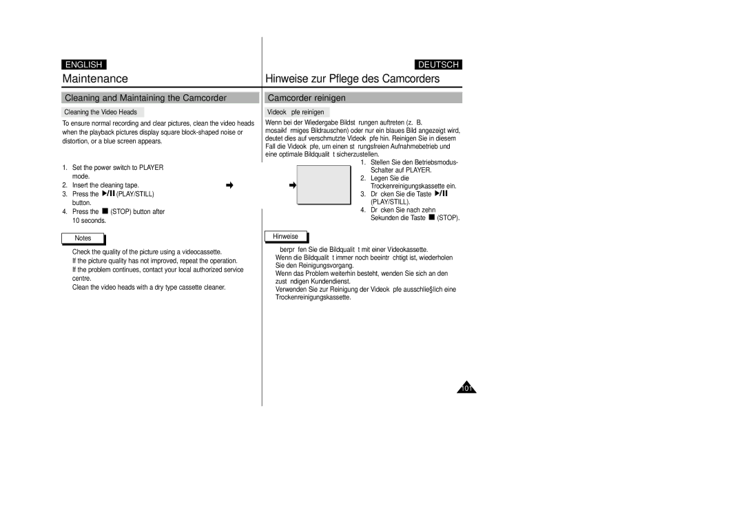 Samsung VP-D200 manual Hinweise zur Pflege des Camcorders, Cleaning and Maintaining the Camcorder, Camcorder reinigen 