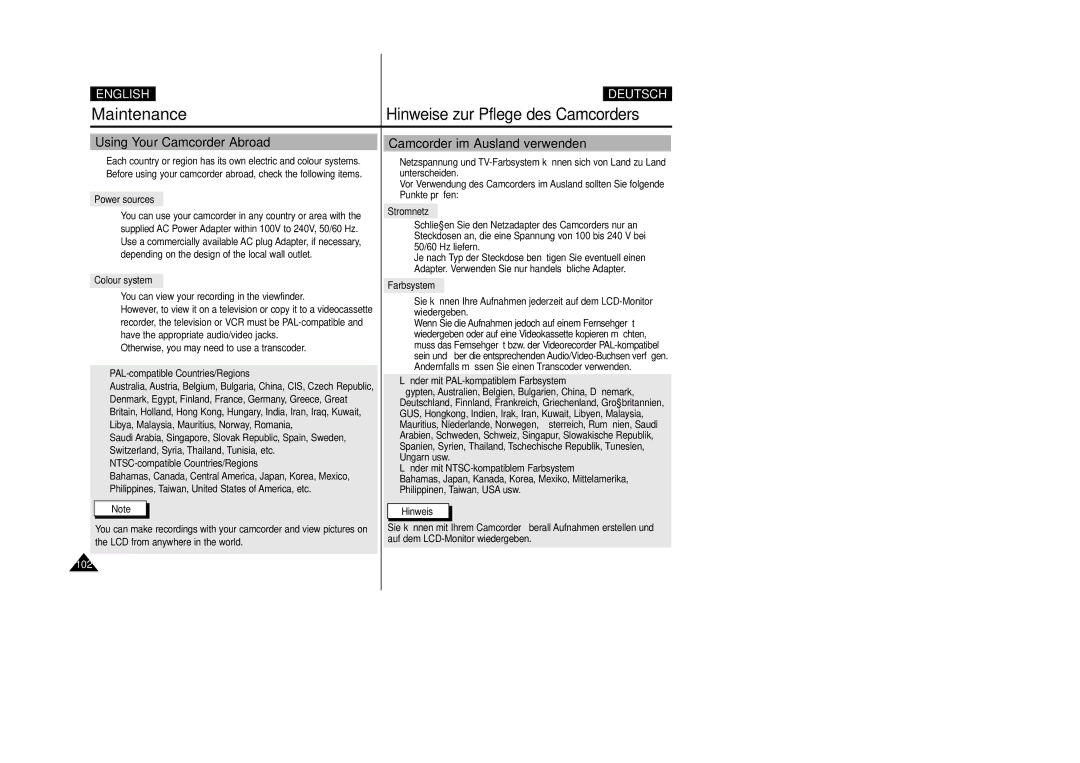 Samsung VP-D200 manual Using Your Camcorder Abroad, Camcorder im Ausland verwenden 