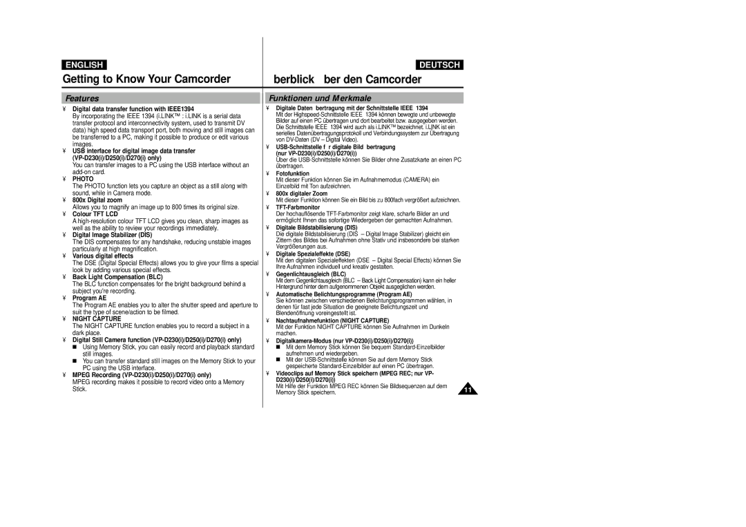 Samsung VP-D200 manual Getting to Know Your Camcorder, Features, Funktionen und Merkmale 