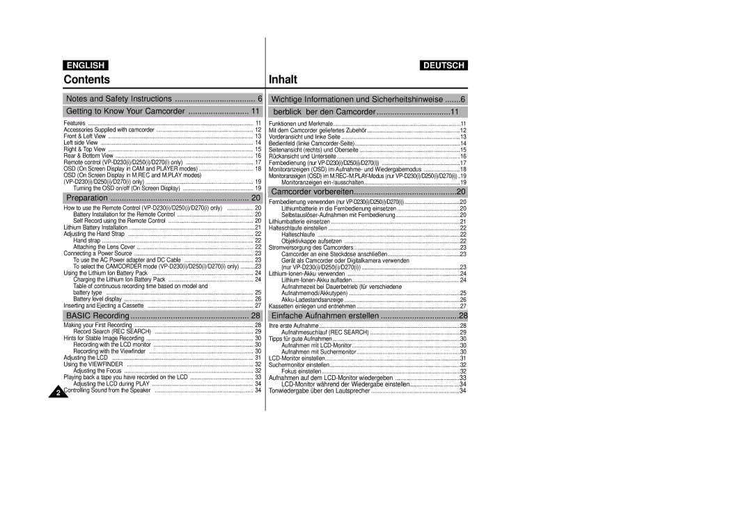 Samsung VP-D200 manual Contents Inhalt 