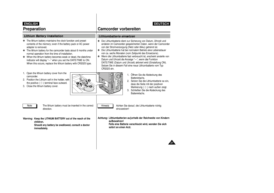 Samsung VP-D200 manual Camcorder vorbereiten, Lithium Battery Installation, Lithiumbatterie einsetzen, Sofort an einen Arzt 