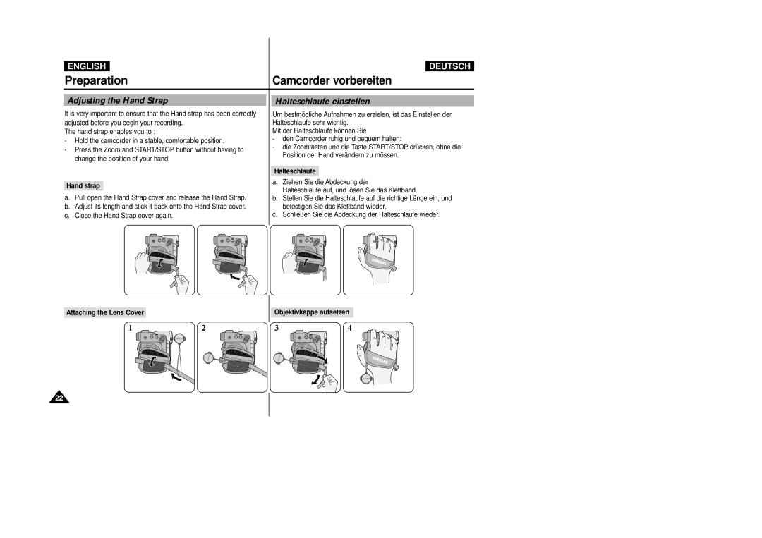 Samsung VP-D200 manual Adjusting the Hand Strap, Halteschlaufe einstellen, Halteschlaufe Hand strap 