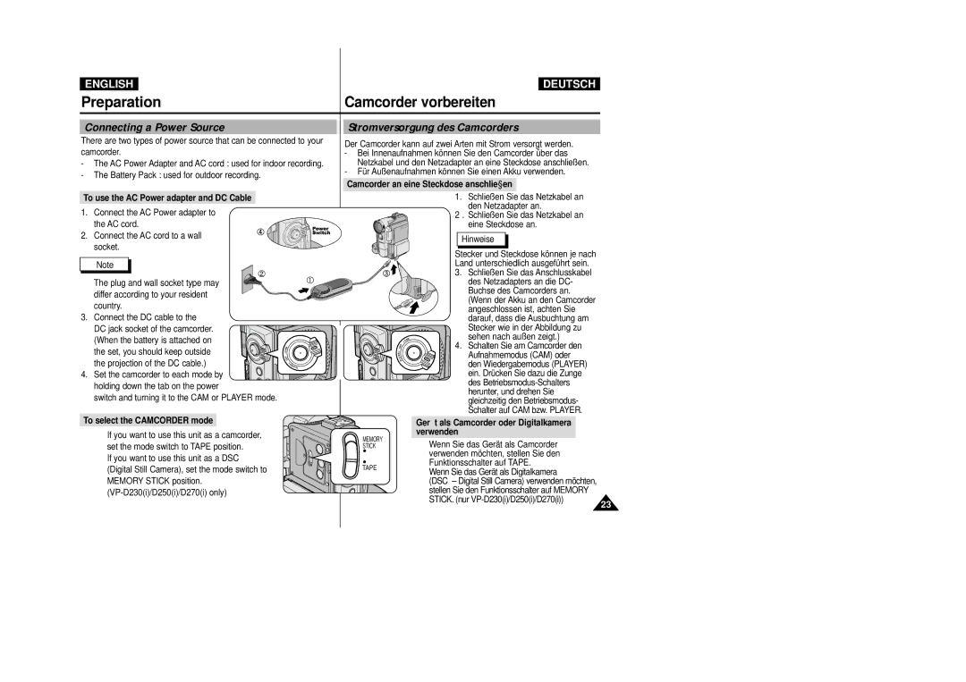 Samsung VP-D200 manual Connecting a Power Source, Stromversorgung des Camcorders, To select the Camcorder mode 