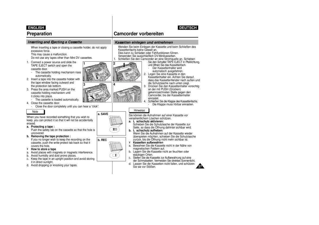 Samsung VP-D200 manual Inserting and Ejecting a Cassette, Kassetten einlegen und entnehmen 