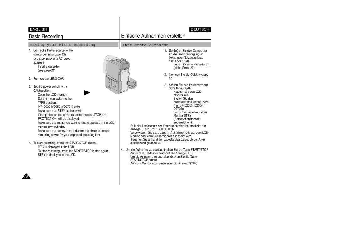 Samsung VP-D200 manual Basic Recording Einfache Aufnahmen erstellen, Making your First Recording, Ihre erste Aufnahme 