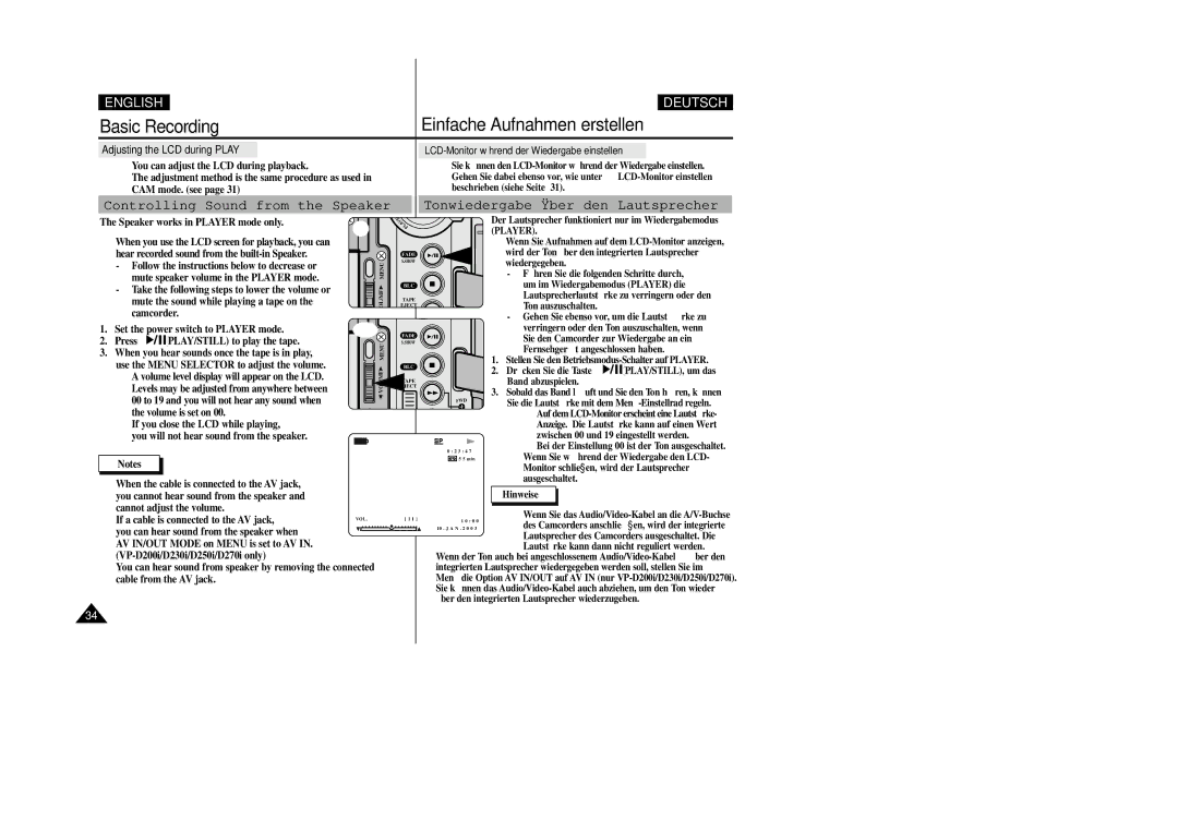 Samsung VP-D200 Controlling Sound from the Speaker, Tonwiedergabe über den Lautsprecher, Adjusting the LCD during Play 