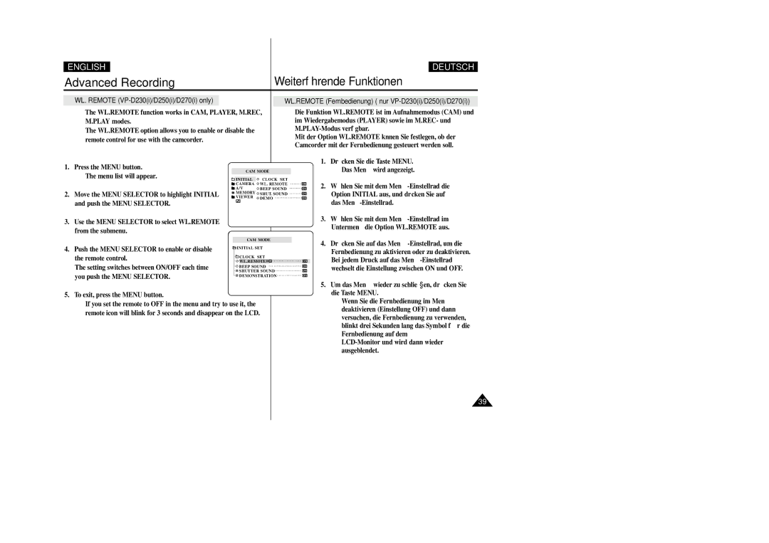 Samsung VP-D200 manual WL. Remote VP-D230i/D250i/D270i only, WL.REMOTE Fernbedienung nur VP-D230i/D250i/D270i 