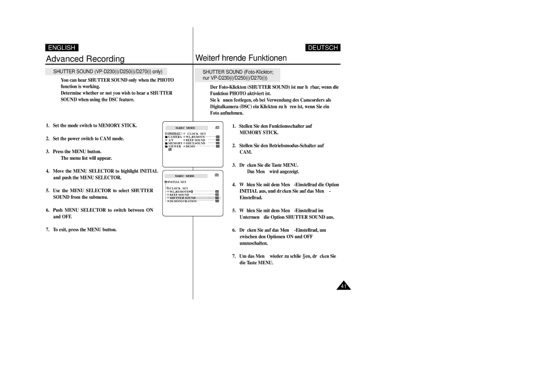 Samsung VP-D200 manual Shutter Sound VP-D230i/D250i/D270i only, Stellen Sie den Funktionsschalter auf, Memory Stick 