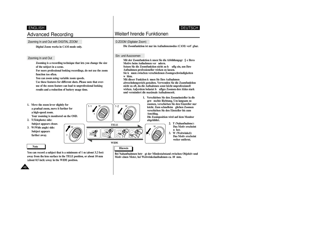 Samsung VP-D200 manual Zooming In and Out with Digital Zoom, Zoom Digitaler Zoom, Ein- und Auszoomen 