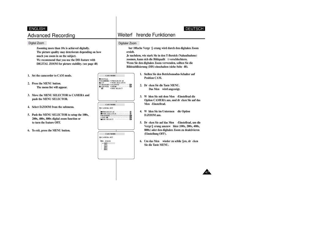 Samsung VP-D200 manual Digital Zoom Digitaler Zoom, To turn the feature OFF To exit, press the Menu button 