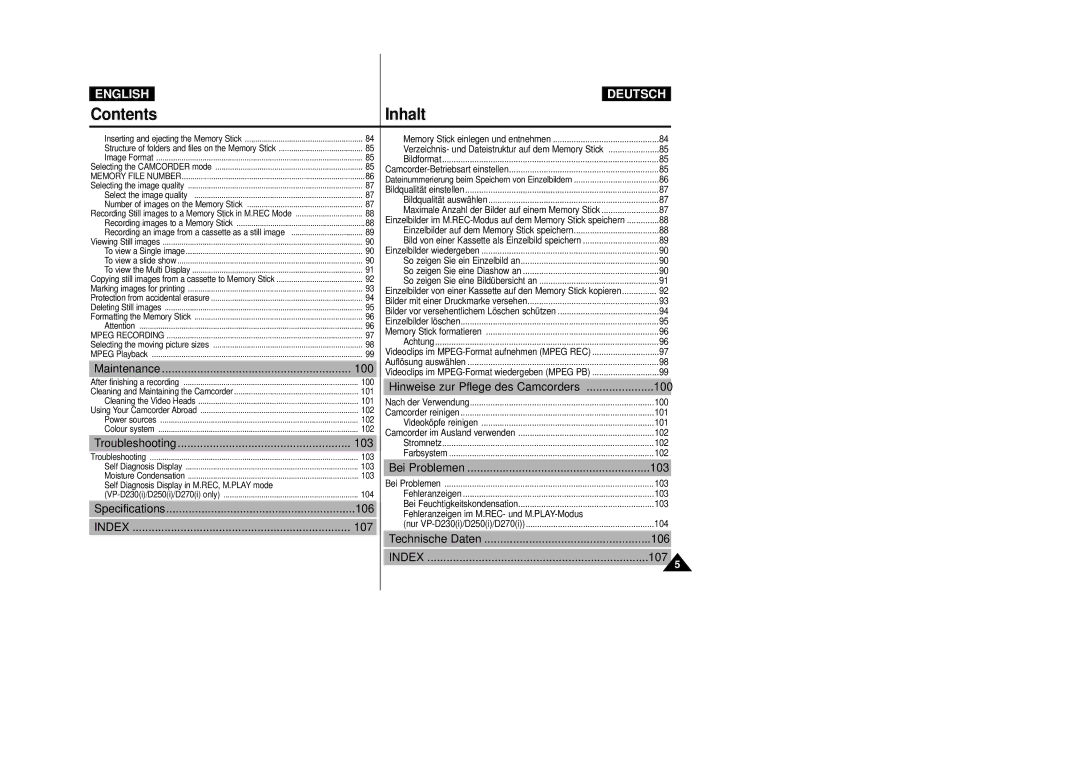 Samsung VP-D200 Maintenance 100, Troubleshooting 103, Specifications 106, Bei Problemen 103, Technische Daten 106, 107 