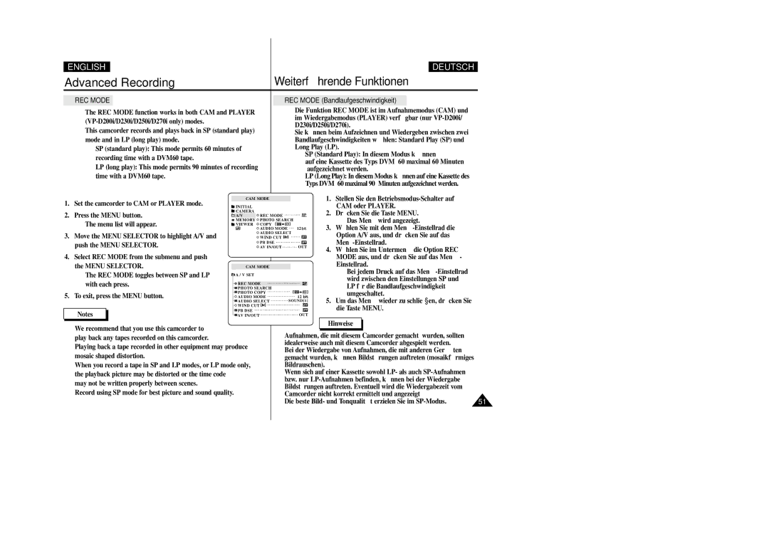 Samsung VP-D200 manual REC Mode Bandlaufgeschwindigkeit 