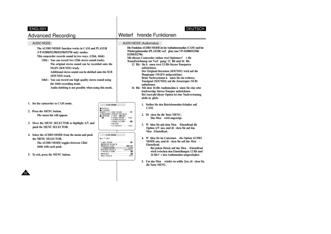 Samsung VP-D200 manual Audio Mode Audiomodus 