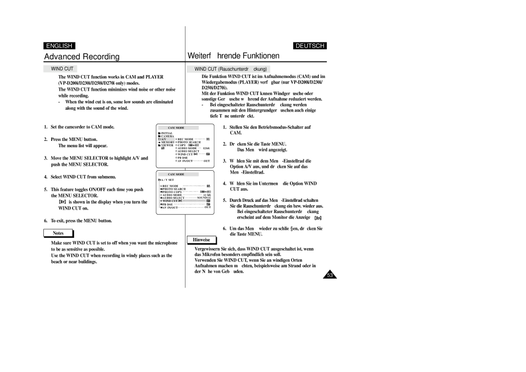 Samsung VP-D200 manual Wind CUT Rauschunterdrü ckung 