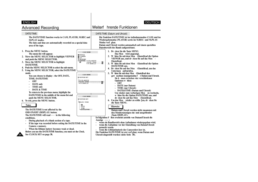 Samsung VP-D200 manual DATE/TIME Datum und Uhrzeit, Time, Date/Time Off, Date & Time 