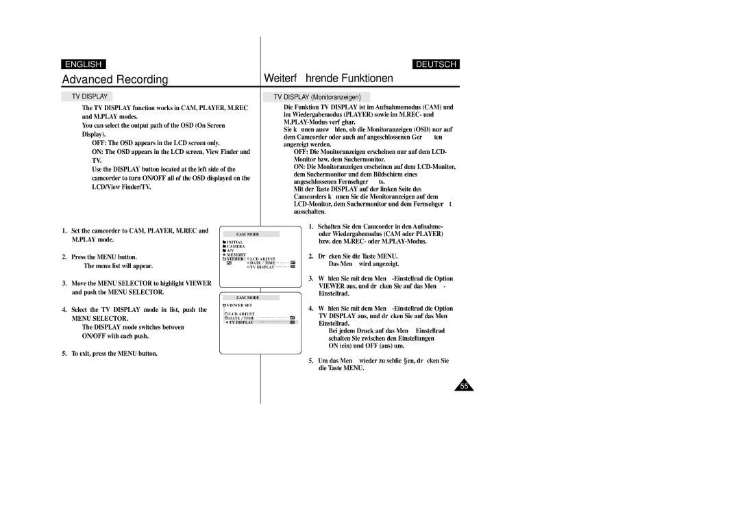 Samsung VP-D200 manual TV Display Monitoranzeigen, Menu Selector 