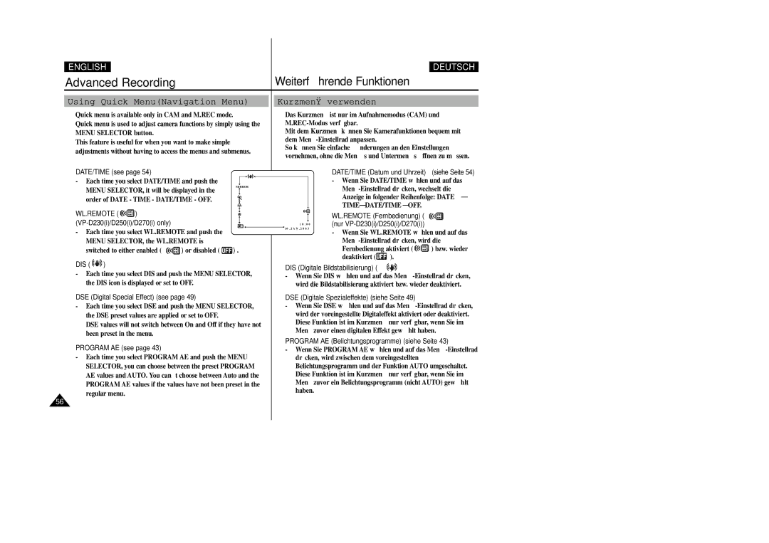 Samsung VP-D200 manual Using Quick MenuNavigation Menu, Kurzmenü verwenden, Wl.Remote 