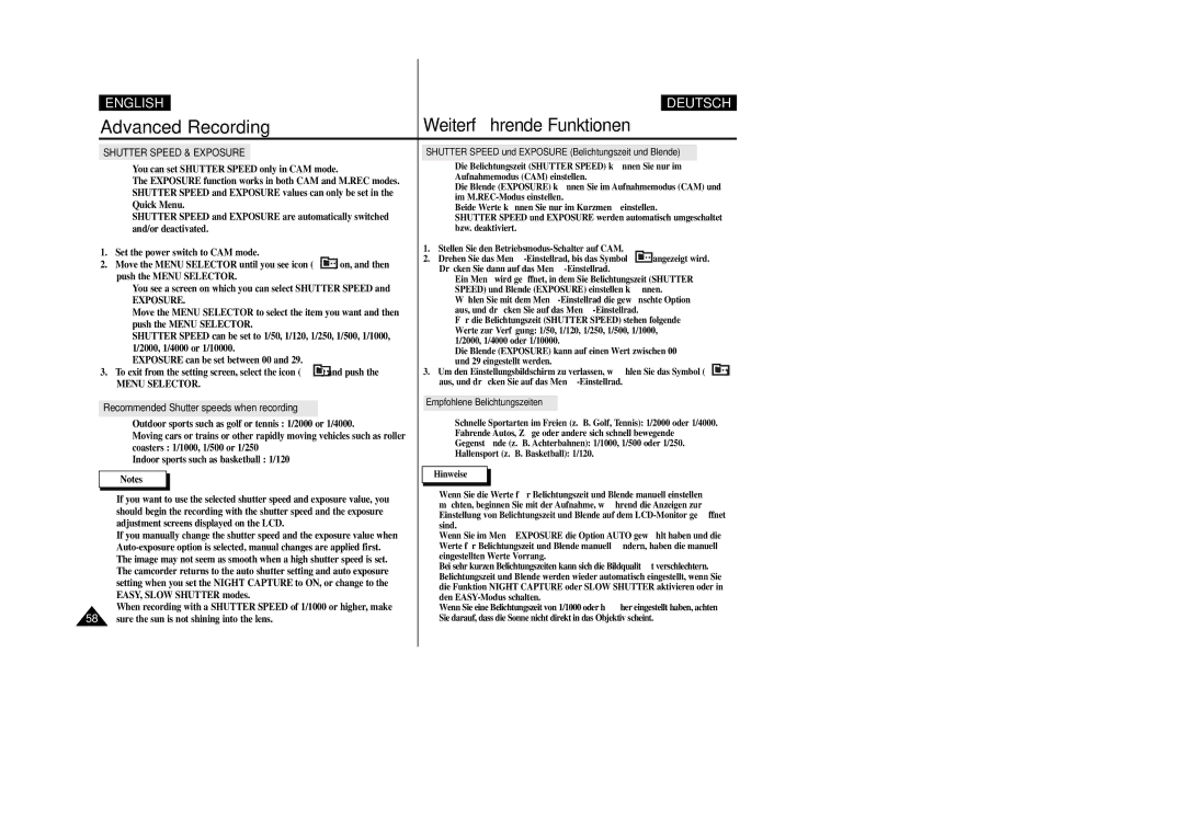 Samsung VP-D200 manual Shutter Speed & Exposure, Recommended Shutter speeds when recording 