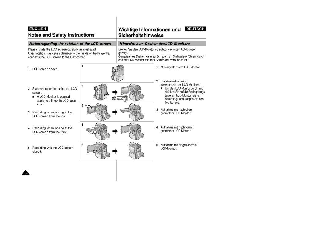 Samsung VP-D200 manual Wichtige Informationen und, Sicherheitshinweise, Hinweise zum Drehen des LCD-Monitors 