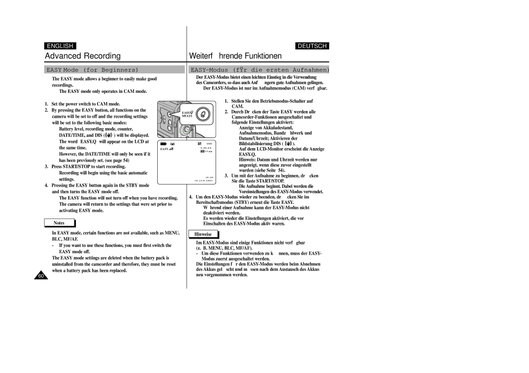 Samsung VP-D200 manual Easy Mode for Beginners, EASY-Modus für die ersten Aufnahmen 