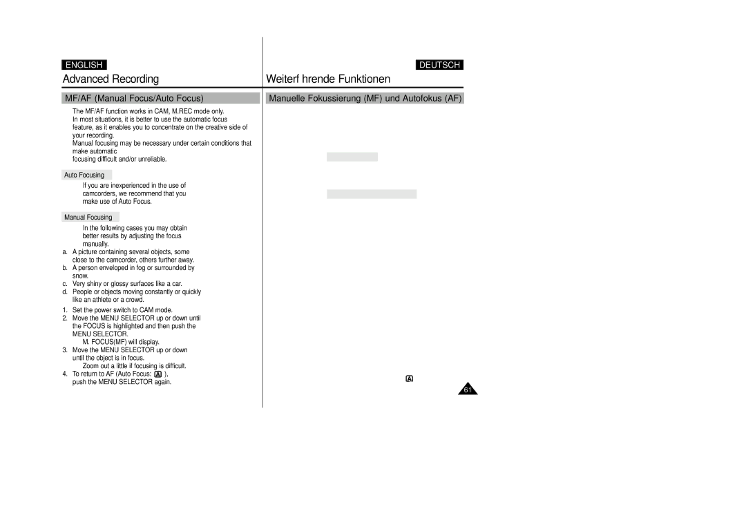 Samsung VP-D200 manual Advanced Recording, MF/AF Manual Focus/Auto Focus, Manuelle Fokussierung MF und Autofokus AF 