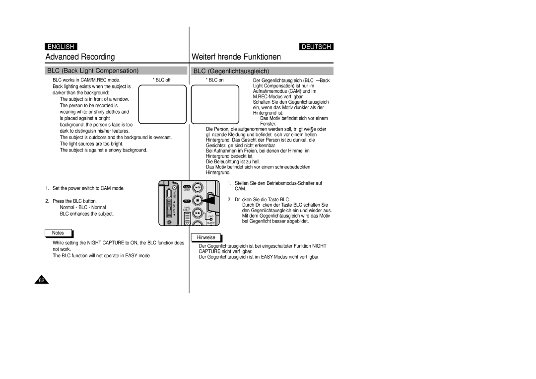 Samsung VP-D200 manual BLC Back Light Compensation, BLC Gegenlichtausgleich, BLC works in CAM/M.REC mode 