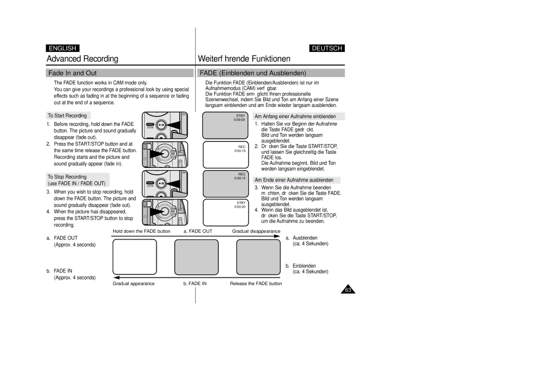 Samsung VP-D200 manual Advanced Recording Weiterführende Funktionen, Fade In and Out, Fade Einblenden und Ausblenden 