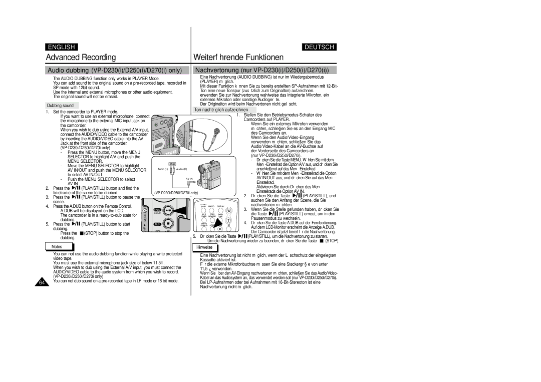 Samsung VP-D200 manual Ton nachträglich aufzeichnen, Menu Selector 