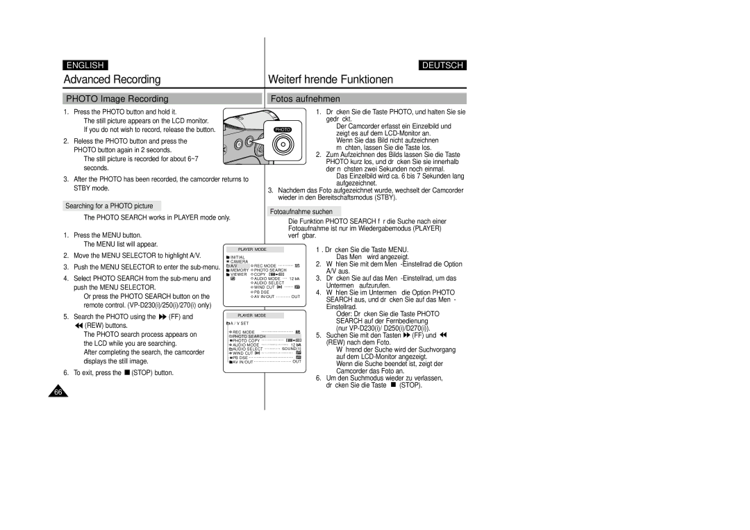 Samsung VP-D200 manual Fotos aufnehmen, Photo Image Recording, Searching for a Photo picture Fotoaufnahme suchen, Stop 