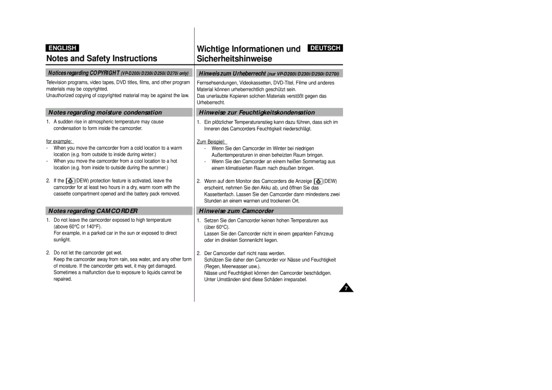 Samsung VP-D200 manual Hinweise zur Feuchtigkeitskondensation, Hinweise zum Camcorder 