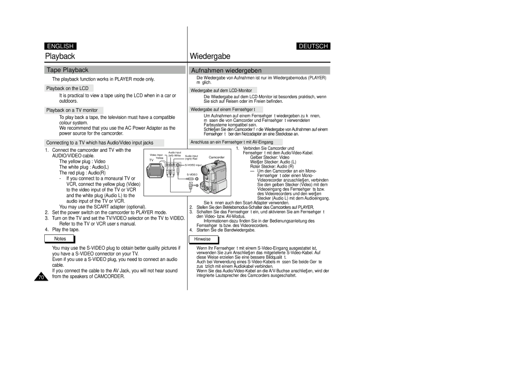 Samsung VP-D200 manual Playback Wiedergabe, Tape Playback, Aufnahmen wiedergeben 