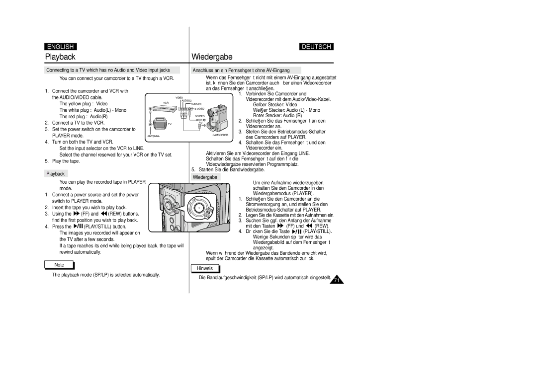 Samsung VP-D200 manual Playback, Press the PLAY/STILL button, Anschluss an ein Fernsehgerät ohne AV-Eingang, Wiedergabe 